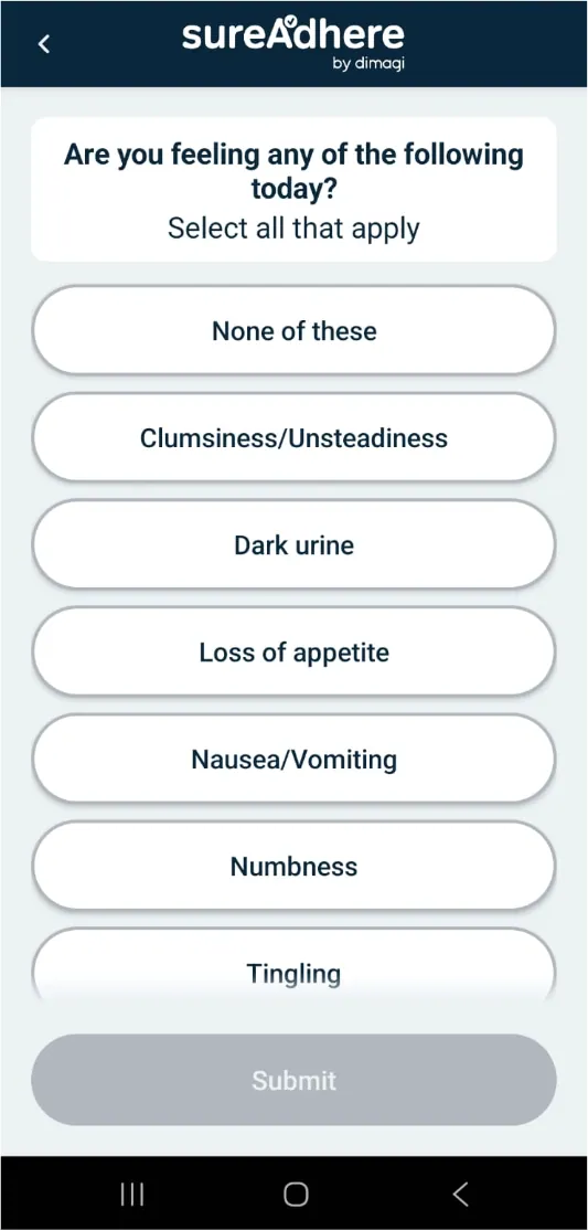 SureAdhere patient mobile symptoms screen